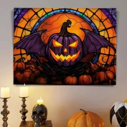 Halloween Stained Glass Pumpkin LED Canvas Wall Art - Battery Operated Lighted Wall Decor for 2025 Halloween home decoration light livingroom and bedroom