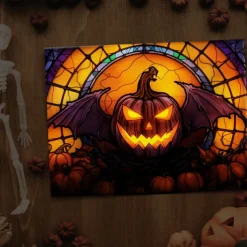 Halloween Stained Glass Pumpkin LED Canvas Wall Art - Battery Operated Lighted Wall Decor for 2025 Halloween home decoration light livingroom and bedroom