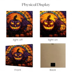 Halloween Stained Glass Pumpkin LED Canvas Wall Art - Battery Operated Lighted Wall Decor for 2025 Halloween home decoration light livingroom and bedroom