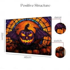 Halloween Stained Glass Pumpkin LED Canvas Wall Art - Battery Operated Lighted Wall Decor for 2025 Halloween home decoration light livingroom and bedroom