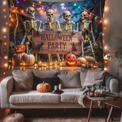 Halloween Tapestry Banners Blanket Skeleton Cemetery Dark Punk Gothic Style Party Dorm Shooting Backgrounds Decorations Wall Door Background