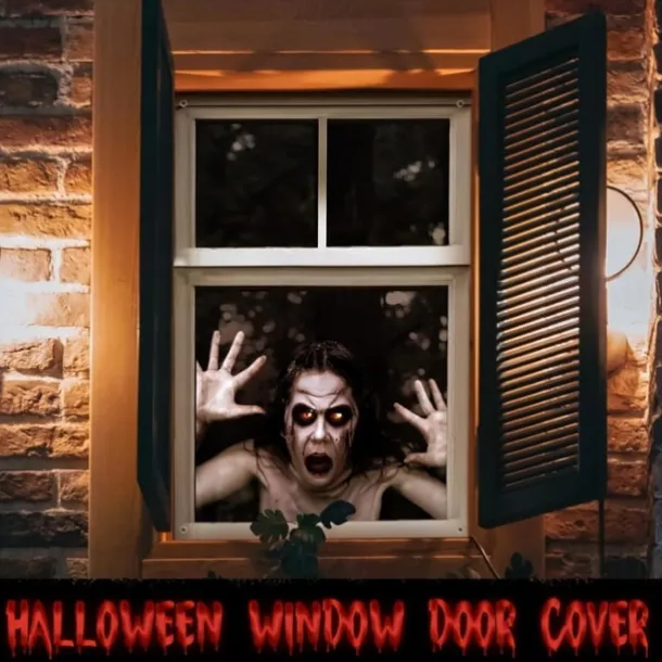Halloween Window Cover Decorations, Fabric Bloody Hand Creepy Halloween Curtain Horror Movie Poster Window Door Covering Decor for Haunted House, Scary Halloween Window Clings Decals Indoor Outdoor