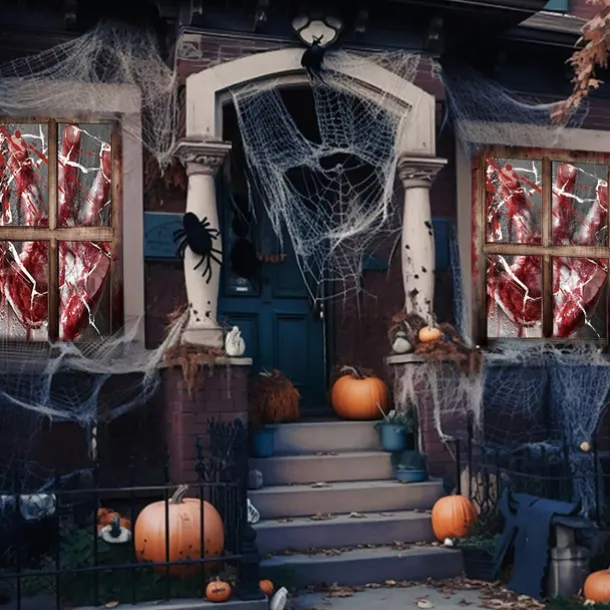 Halloween Window Cover Decorations, Fabric Bloody Hand Creepy Halloween Curtain Horror Movie Poster Window Door Covering Decor for Haunted House, Scary Halloween Window Clings Decals Indoor Outdoor