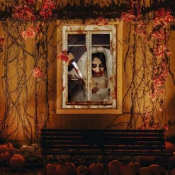 Halloween Window Cover Decorations, Fabric Bloody Hand Creepy Halloween Curtain Horror Movie Poster Window Door Covering Decor for Haunted House, Scary Halloween Window Clings Decals Indoor Outdoor