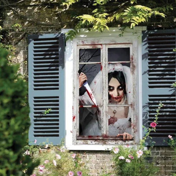 Halloween Window Cover Decorations, Fabric Bloody Hand Creepy Halloween Curtain Horror Movie Poster Window Door Covering Decor for Haunted House, Scary Halloween Window Clings Decals Indoor Outdoor