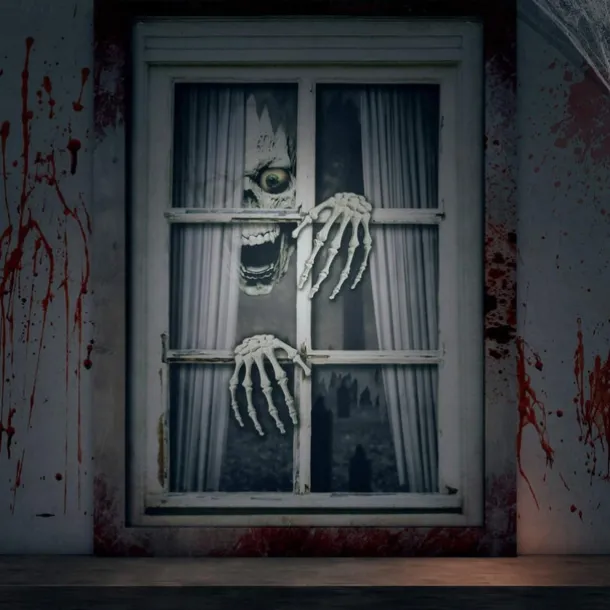 Halloween Window Cover Decorations, Fabric Bloody Hand Creepy Halloween Curtain Horror Movie Poster Window Door Covering Decor for Haunted House, Scary Halloween Window Clings Decals Indoor Outdoor