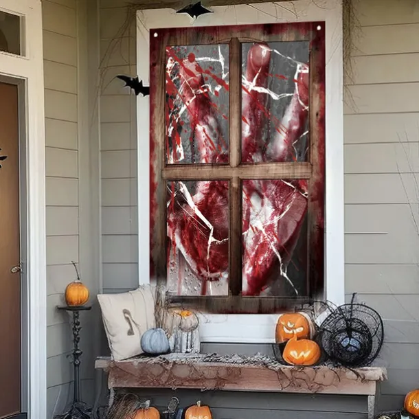 Halloween Window Cover Decorations, Fabric Bloody Hand Creepy Halloween Curtain Horror Movie Poster Window Door Covering Decor for Haunted House, Scary Halloween Window Clings Decals Indoor Outdoor