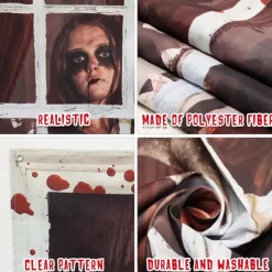 Halloween Window Cover Decorations, Fabric Bloody Hand Creepy Halloween Curtain Horror Movie Poster Window Door Covering Decor for Haunted House, Scary Halloween Window Clings Decals Indoor Outdoor