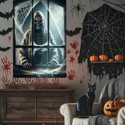 Halloween Window Curtain Grim Reaper Peeking Through Window, Horror Door Cover, Window cover, Wall Tapestry for Spooky 2025 Halloween Decoration