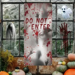 Halloween Window Door Cover, Fabric Made Halloween Window Door Decorations, Scary Bloody Handprint & Shadowy Figure for Haunted House Halloween Party Decorations