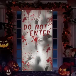 Halloween Window Door Cover, Fabric Made Halloween Window Door Decorations, Scary Bloody Handprint & Shadowy Figure for Haunted House Halloween Party Decorations