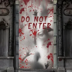 Halloween Window Door Cover, Fabric Made Halloween Window Door Decorations, Scary Bloody Handprint & Shadowy Figure for Haunted House Halloween Party Decorations