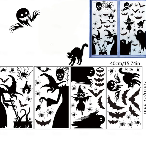 Halloween Window Sticker Set, 4 Sheets Double Sided Ghost Window Decals, Halloween Decoration Ghost Stickers for Windows Glass Walls and Party Supplies