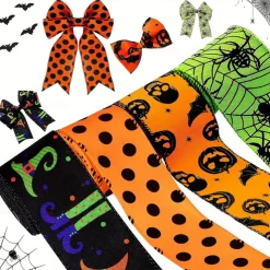Halloween Wired Edge Ribbon 4 Rolls Bat Spider Pumpkin Printed Ribbon Witch Legs Hat Dot Grosgrain Ribbons for Halloween Home Wreath DIY Craft Floral Bow