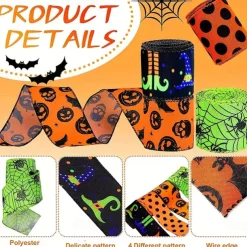 Halloween Wired Edge Ribbon 4 Rolls Bat Spider Pumpkin Printed Ribbon Witch Legs Hat Dot Grosgrain Ribbons for Halloween Home Wreath DIY Craft Floral Bow