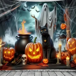 Halloween Witch Cauldron Wall Tapestry – Ghost, Pumpkins, and Potion Scene, Spooky Night Gothic Backdrop for 2025 HALLOWEEN Living Room, Bedroom, Party Decoration