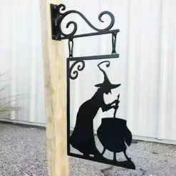 Halloween Witch Cauldron Silhouette Wall Decor - Outdoor Metal Witches Cauldron Wall Hanging Ornament, Halloween Scary Hanging Metal Wall Sign for Garden Party Decor