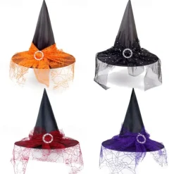 Halloween Witch Hat With Spider Web Veil Women's Costume Party Hat Wizard Hat Magician Halloween Headdress Party Hat Halloween Hat Witch Decoration Props Adult Children Cosplay Witch Gauze Headdress