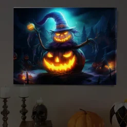 Halloween Witch with Glowing Pumpkin LED Canvas Wall Art - Battery Operated Lighted Wall Decor for 2025 Halloween home decoration light livingroom and bedroom