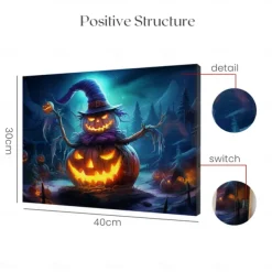 Halloween Witch with Glowing Pumpkin LED Canvas Wall Art - Battery Operated Lighted Wall Decor for 2025 Halloween home decoration light livingroom and bedroom