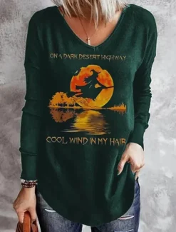 Halloween Women's T shirt Long Sleeve V Neck Long Sleeve Tunic Tee Black Blue Green Letter Ghost Print Basic Regular Loose Fit S Prefall