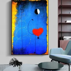 Hand Painted Copy Famous Joan Miro Paintings on Canvas Modern Artwork Abstract Canvas Wall Art Pictures For Living Room Decor (Dancer Heart Love) Frameless