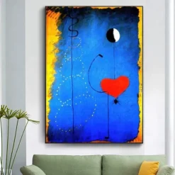 Hand Painted Copy Famous Joan Miro Paintings on Canvas Modern Artwork Abstract Canvas Wall Art Pictures For Living Room Decor (Dancer Heart Love) Frameless