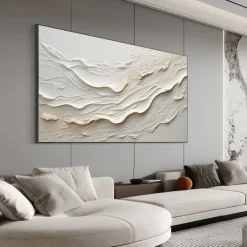 Hand painted Textured White Abstract Sandy Beach Oil Painting on Canvas handmade Original Blue Ocean Painting Custom Art Decor for Living room Wall Decor Wall Art