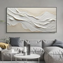 Hand painted Textured White Abstract Sandy Beach Oil Painting on Canvas handmade Original Blue Ocean Painting Custom Art Decor for Living room Wall Decor Wall Art