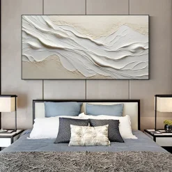 Hand painted Textured White Abstract Sandy Beach Oil Painting on Canvas handmade Original Blue Ocean Painting Custom Art Decor for Living room Wall Decor Wall Art