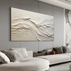 Hand painted Textured White Abstract Sandy Beach Oil Painting on Canvas handmade Original Blue Ocean Painting Custom Art Decor for Living room Wall Decor Wall Art