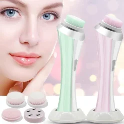 Handheld Facial Cleansing Brush With 4 Interchangeable Heads Lightweight Daily Cleansing Brush For Glowing Skin - Waterproof Facial Exfoliator