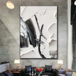 Handmade Black And White Abstract Texture Canvas Wall Art Paintings Modern Simple Abstract Picture Large Thick Oil Art Decor For Living Room Frame Ready To Hang