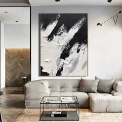 Handmade Black And White Abstract Texture Canvas Wall Art Paintings Modern Simple Abstract Picture Large Thick Oil Art Decor For Living Room Frame Ready To Hang