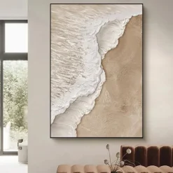 Handmade 3D Beige Minimalist Beach Painting Ocean Wave Painting on Canvas Ocean Abstract Art Textured Wall Art Wall Art Living Room Art Framed Ready To Hang