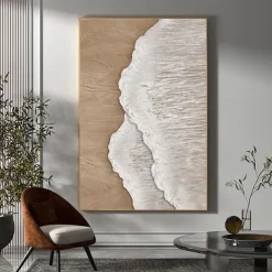 Handmade 3D Beige Minimalist Beach Painting Ocean Wave Painting on Canvas Ocean Abstract Art Textured Wall Art Wall Art Living Room Art Framed Ready To Hang