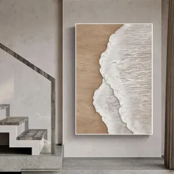 Handmade 3D Beige Minimalist Beach Painting Ocean Wave Painting on Canvas Ocean Abstract Art Textured Wall Art Wall Art Living Room Art Framed Ready To Hang