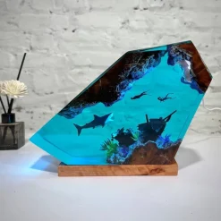 Handmade Ocean Resin Night Light, Great White Shark and Couple Diver Night Light, USB Wooden Table Lamp for Home & Office Decor, Unique Art Ornament & Christmas Gift