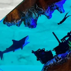 Handmade Ocean Resin Night Light, Great White Shark and Couple Diver Night Light, USB Wooden Table Lamp for Home & Office Decor, Unique Art Ornament & Christmas Gift