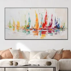 Handmade Oil Painting Canvas Wall Art Decoration Modern Abstract Sailboat Landscape for Living Room Home Decor Rolled Frameless Unstretched Painting