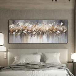 Handmade Oil Painting Canvas Wall Art Decoration Abstract F lowers Horizontal Bed Decoration Painting for Bedroom for Home Decor Rolled Frameless Unstretched Painting