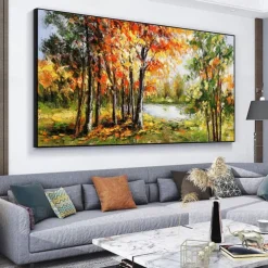 Handmade Oil Painting Canvas Wall Art Decoration Modern Beautiful Maple Forest Scenery for Living Room Home Decor Rolled Frameless Unstretched Painting