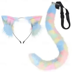 Handmade Plush Three Flower Cat Ear Headdress Cat Tail Set Simulation Animal Ear Hair Hoop Animal Tail Cartoon Exhibition Cosplay AccessoriesCosplay Props