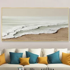 Hand-painted Minimalist Ocean Painting on Canvas 3D Textured Wall Art Earth Tone Seawaves Wall Art Living Room Painting Fashion Room Decor No Frame