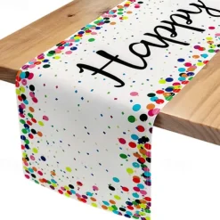 Happy Birthday Table Runner, White Birthday Celebration Party Table Decoration