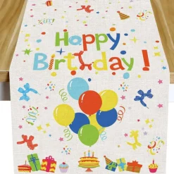 Happy Birthday Table Runner, White Birthday Celebration Party Table Decoration