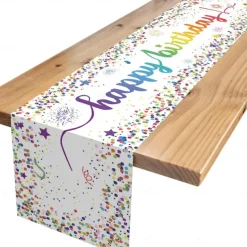 Happy Birthday Table Runner, White Birthday Celebration Party Table Decoration