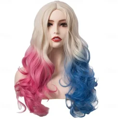 Harley Quinn Long Wavy Wig Blonde Pink Blue Ombre Wigs for Women Cosplay Party Halloween Wigs