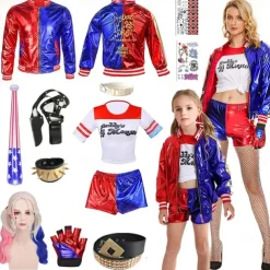 Harley Quinn Costumes 13 PCS Set Joker 2 Suicide Squad Clown Cosplay Costume Outfits with Wigs Accessries Embroidered Women's Girls' Movie Cosplay Halloween Carnival Performance Party