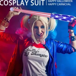 Harley Quinn Costumes 13 PCS Set Joker 2 Suicide Squad Clown Cosplay Costume Outfits with Wigs Accessries Embroidered Women's Girls' Movie Cosplay Halloween Carnival Performance Party